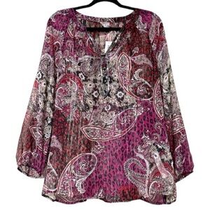 Chico's sz 2 (12) Ardenway jewel neck raglan lurex raspberry radiance ls fashion